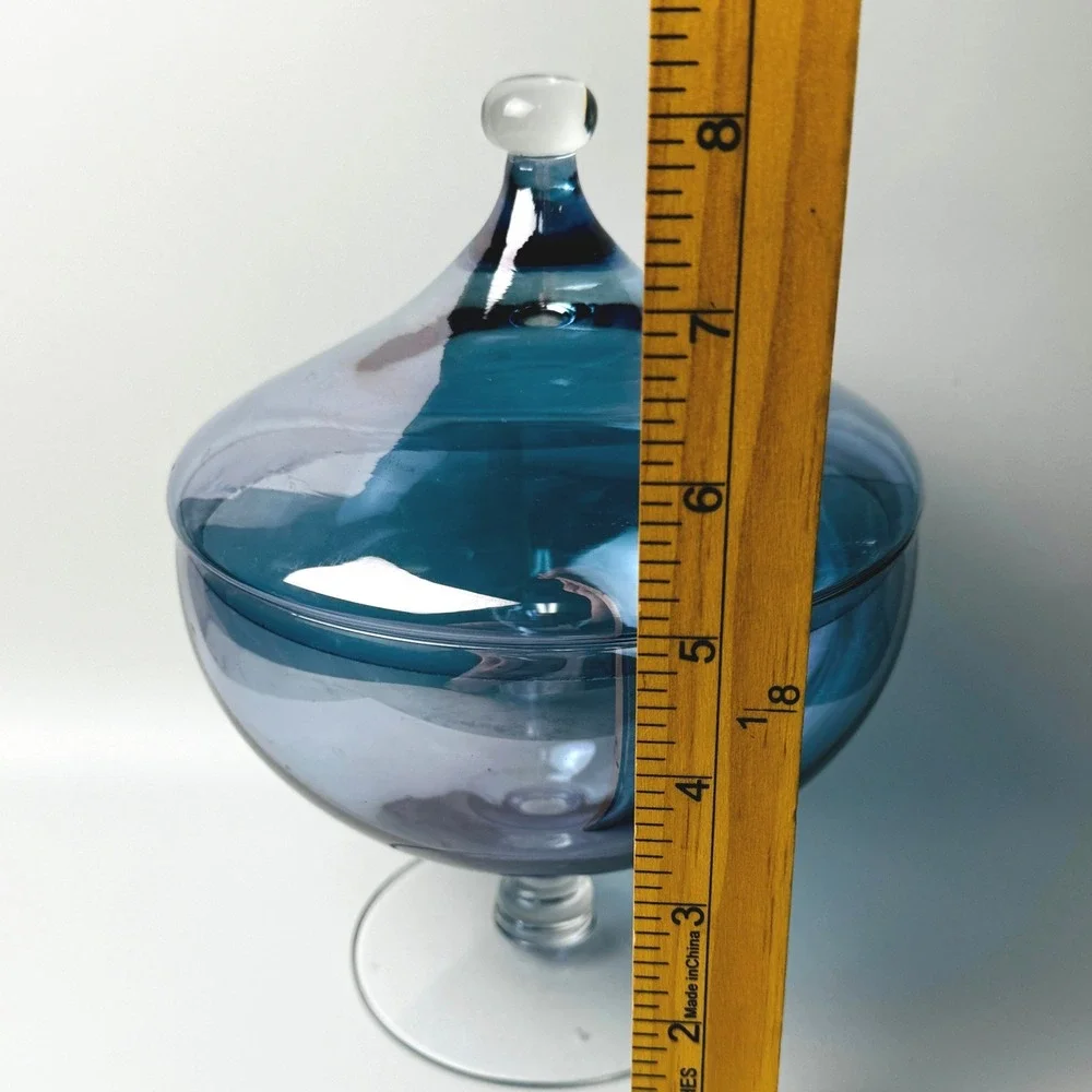 Vintage Empoli Style Blue Blown Glass Covered Compote Pedestal Candy Dish MCM